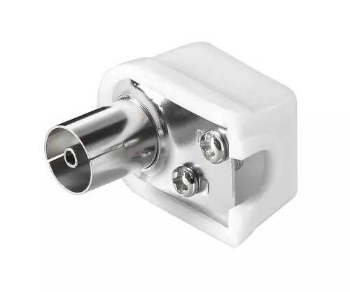 Raccordo a gomito coassiale DINIC in plastica (sottile), fissaggio a vite, connessione al cavo coassiale, scatola DINIC con foro Euro